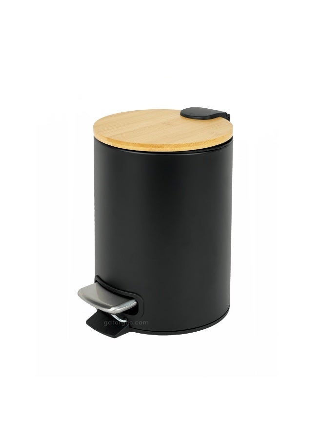 EK Bins Soft-Close Pedal Bin – Bamboo Top & Matte Black Body with Metal Pedal-3L - Image 1